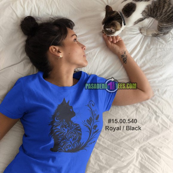 NEW Silhouette Cat Kitten Swirls Floral Red, Royal & White Tee Sz Small up to 1X - Picture 2 of 3